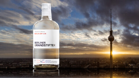 Advertising Photo of a bottle of Gin in front of a skyline